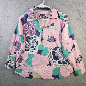 Talbots Petites Large Floral Print Button Up Women Shirt Long Sleeve Pink‎ Navy